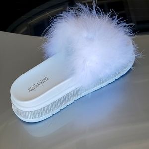 White furry sequin platform slide